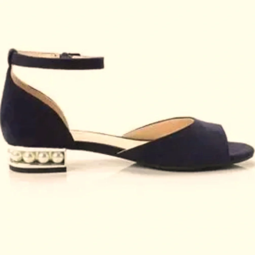 NWOT Black Suede Sandals Pearl Block Heel Ankle Strap Dress Shoes 7